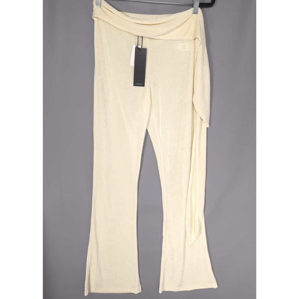 ANTHROPOLOGIE LIONESS Women New Pants Flare Cream LARGE Belted Knit Bootcut